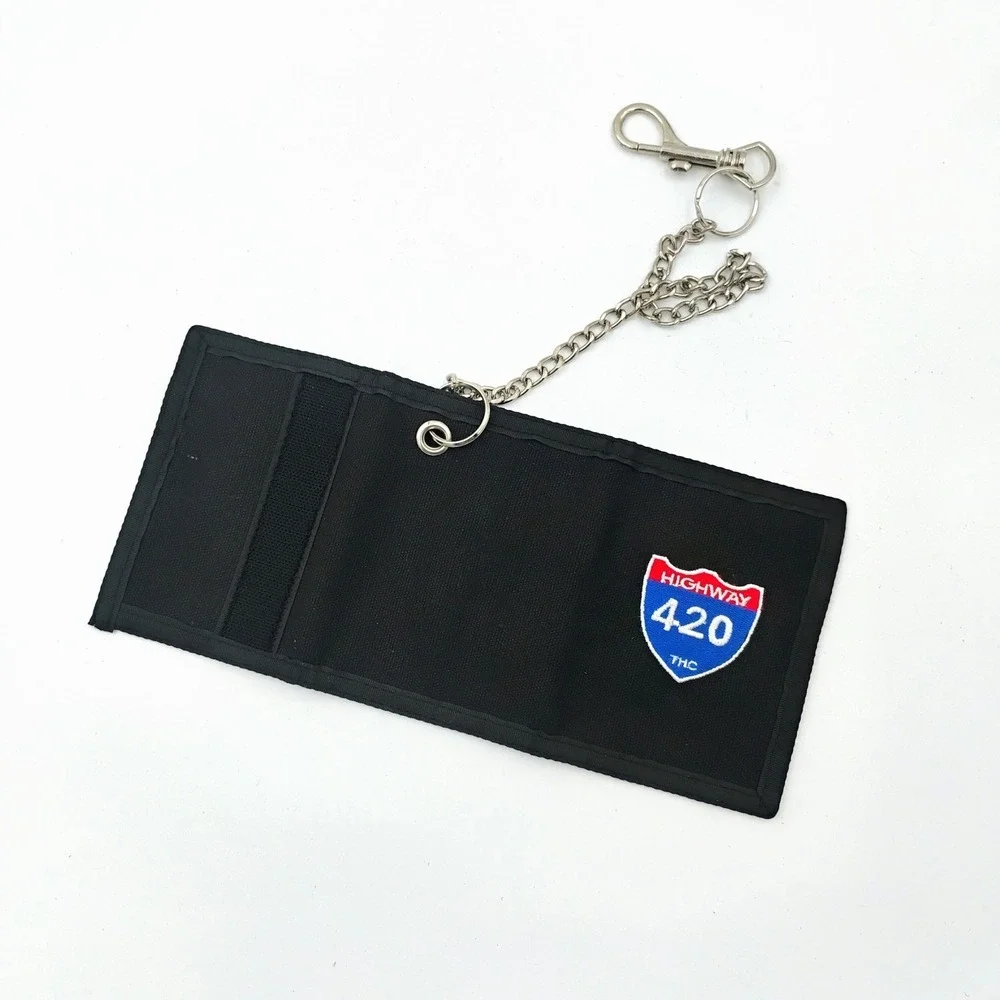 THC Clothing Highway 420 Embroidered Black Trifold Chain Wallet Retro VTG 1990's
